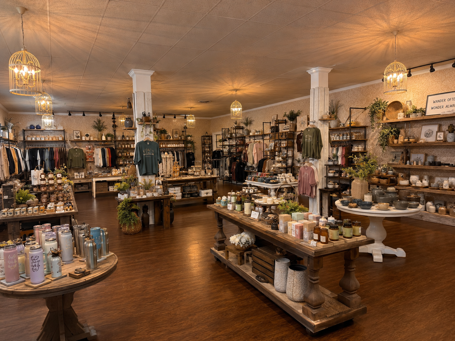 Inside The Cozy Corner Market: warm shelves of candles, apparel, and handmade goods under soft lighting